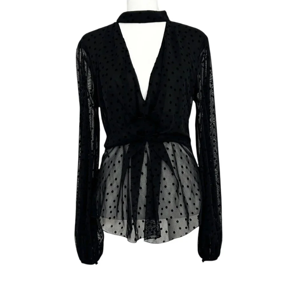 Nicholas Black Velvet Polka Dot Mesh Sheer Choker Blouse Top‎ (XS)